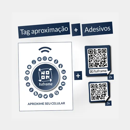 1 Tag NFC de Aproximação + 2 Adesivos QR Code TuFrame + 3 Adesivos QR Code.